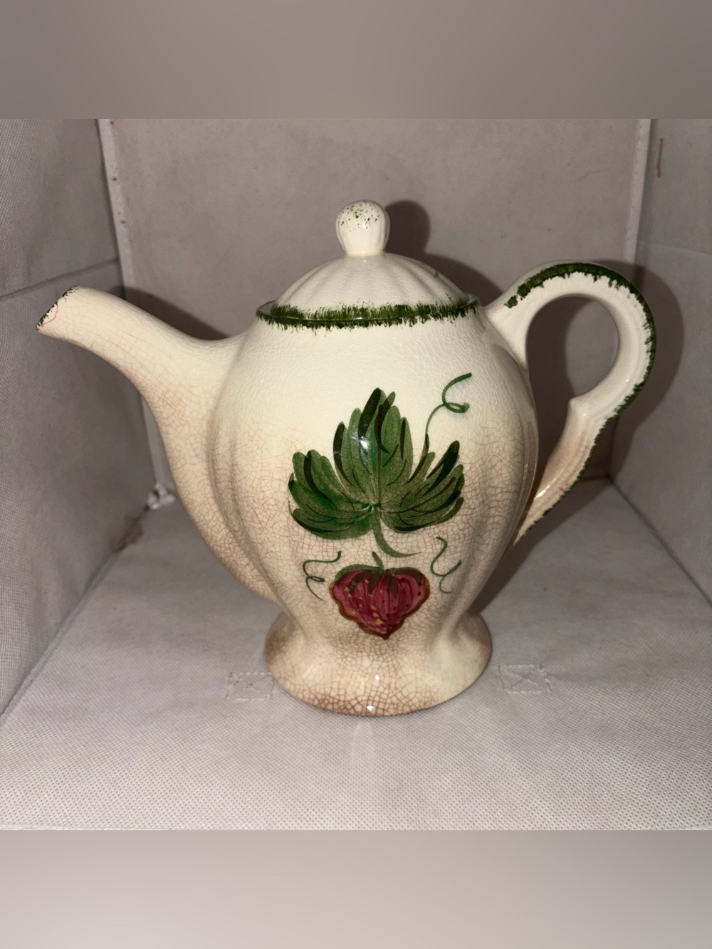 Vintage Hand Painted Strawberry Teapot Crackle Glaze Footed Cottage Farmhouse